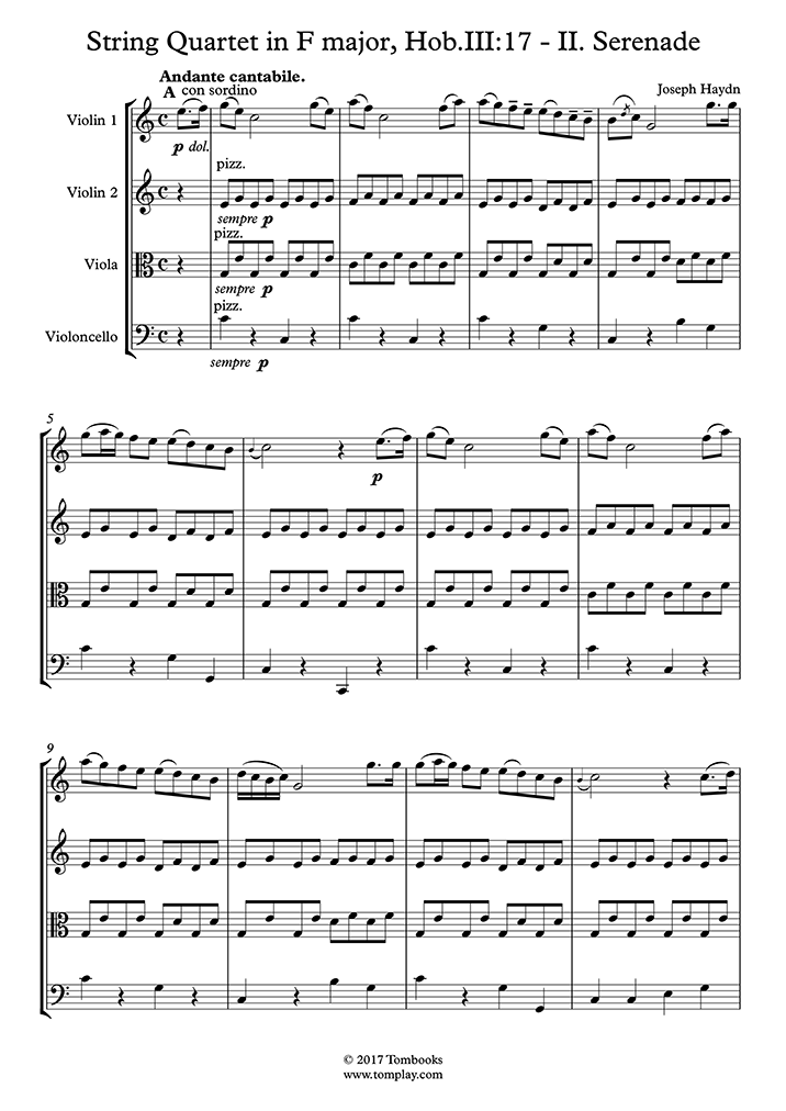 Violin Sheet Music String Quartet In F Major Hob Iii Ii Serenade Andante Cantabile